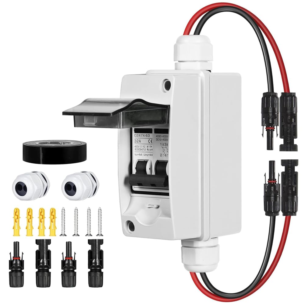 Yunnaty Trennschalter für Solarmodule, 32 Ampere, AC, Solar-Abschaltschalter, 400 V, 2-Polig, IP65, Wasserdicht, UV-Beständig, für Solar-PV-Häuser