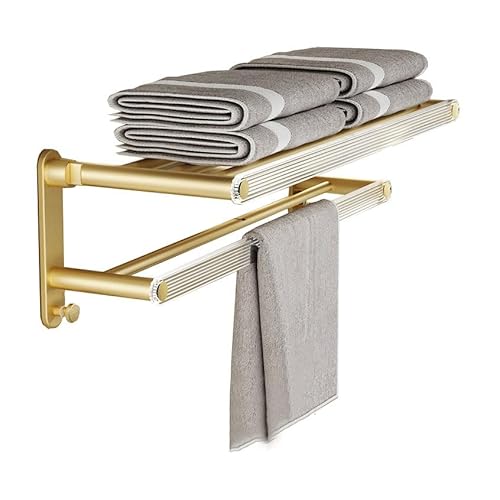 Badezimmerregal für Bad und Küche Handtuchhalter for Badezimmer, an der Wand montierter, faltbarer Badetuchhalter mit doppelter Handtuchstange, Handtuch-Organizer aus goldfarbenem Aluminium, Handtucha