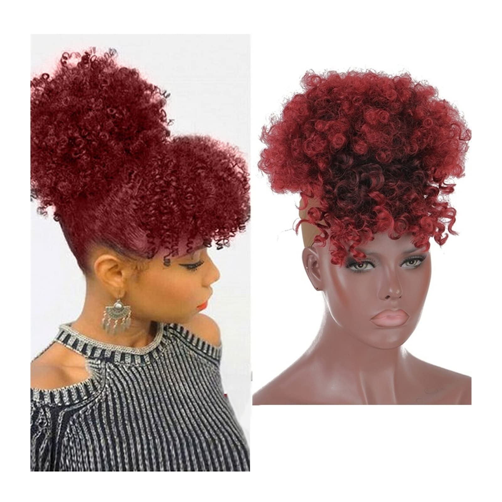 Bun Haarteile Verworrene lockige Pferdeschwanz-Clip-in-Haarverlängerungen for Frauen, Afro High Puff, synthetischer Haarknoten, Pferdeschwanz, Kordelzug mit Pony, flauschiger Afro-Kurzhaar Brötchen-Ha