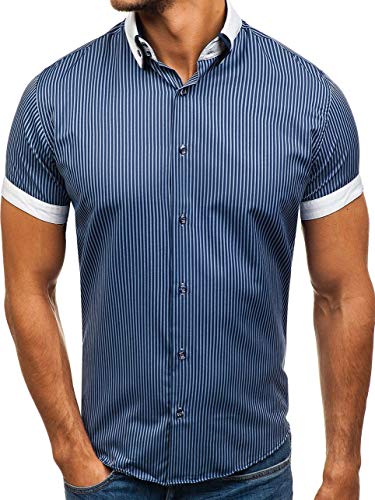 BOLF Herren Hemd Kurzarm Shirt Slim Fit Streifen Muster Elegant Style 1808 Dunkelblau M [2B2]