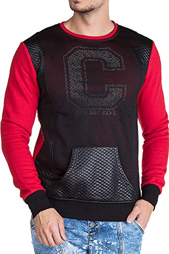 Cipo & Baxx Herren Sweatshirt Langarmshirt Pullover Sweater Longsleeve Netz-Kunstleder Details Rot L