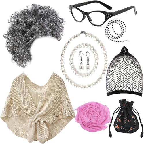 Ranuw Alte Dame Kostüm Set Graue Perücken Künstliche Ohrringe Brille Frauen Alte Dame Rollenspiel Dress Up Zubehör Cosplay Kostüm Anzug