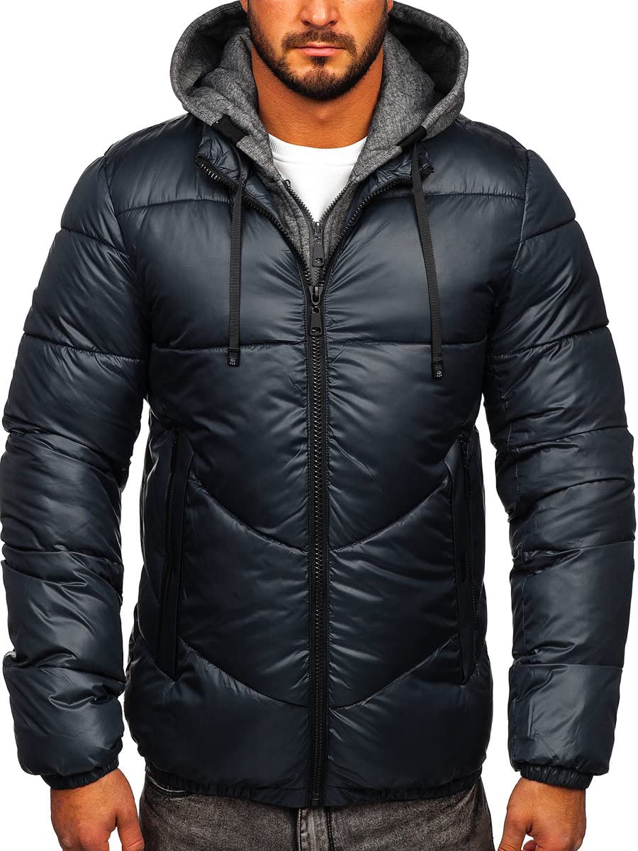 BOLF Herren Winterjacke Steppjacke mit Kapuze Daunenjacke Reißverschluss Sportjacke Zip Wärme Freizeit Outdoor Basic Casual Style B2906 Dunkelgrau 3XL [4D4]