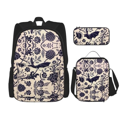 WURTON Schulrucksack mit Fledermaus-Muster, 3-in-1, Büchertasche, Set mit Lunchbox, Federmäppchen, Reise, Laptop, Tagesrucksack