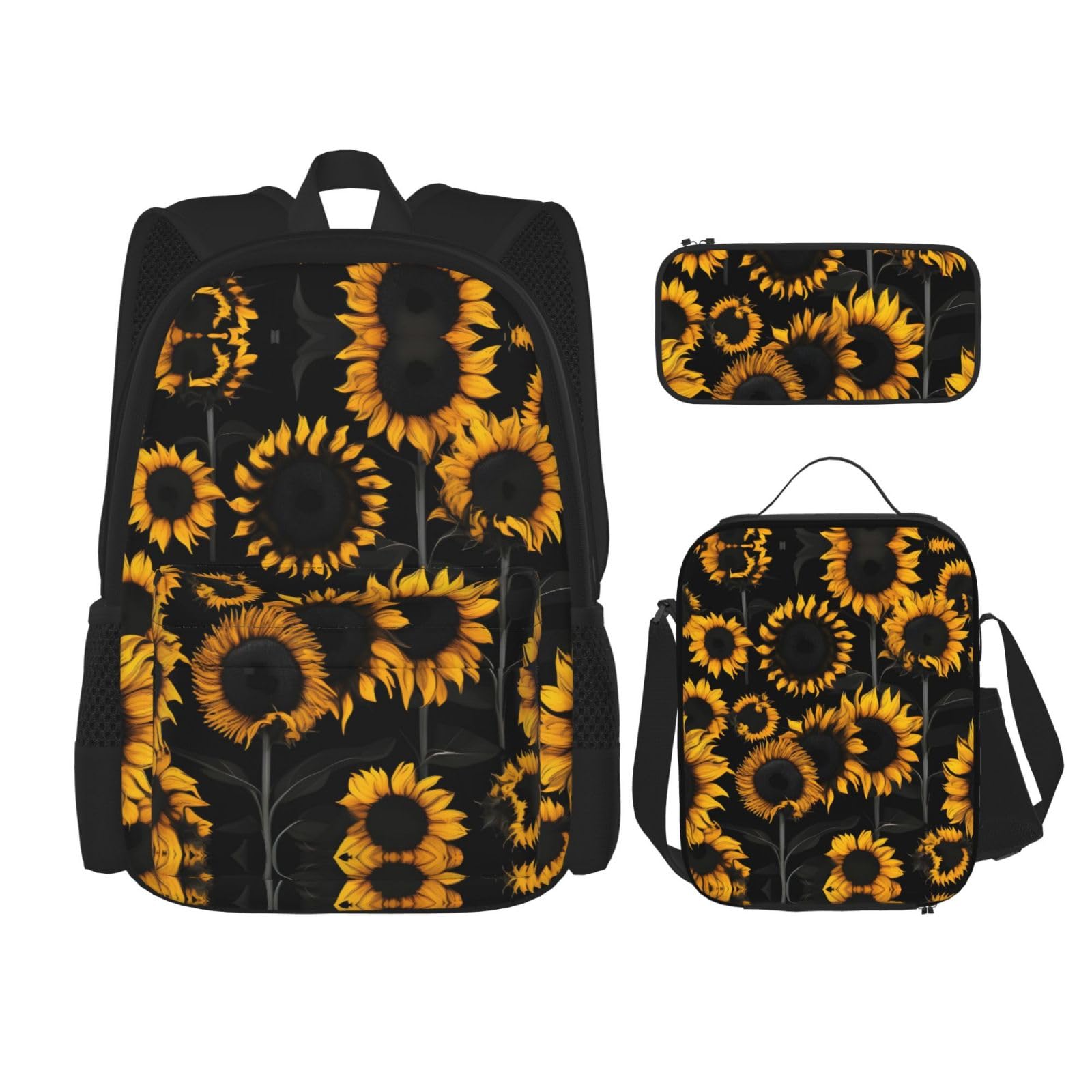 WURTON Sunflower Blooming Flowers Plants Print Travel Lunch Box Pencil Case Backpack Set 3 Pieces Adjustable Straps Lightweight, Schwarz, Einheitsgröße