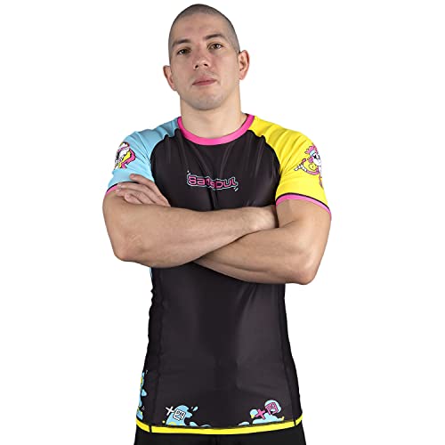 Sanabul Ronin Kurzarm-Kompressions-Rashguard, MMA BJJ Wresling, Cross-Training, Rashguard, Monkey Fight Blau/Gelb/Schwarz, Small