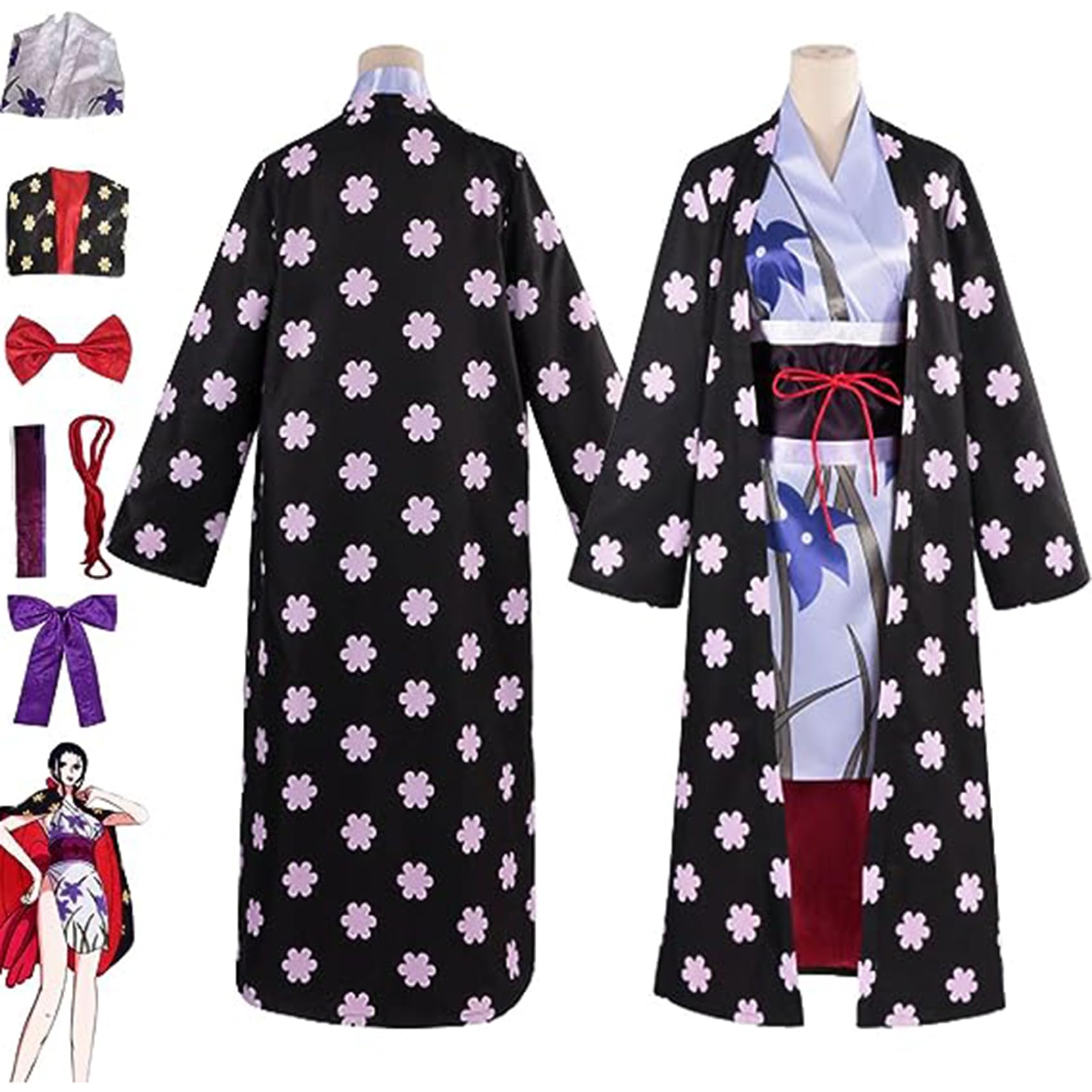 Anime Einteiler Nico Robin Cosplay-Kostüm, Anime-Charaktere, Kimono, Umhang, komplettes Set, für Damen und Mädchen, Halloween, Schwarz, Größe S