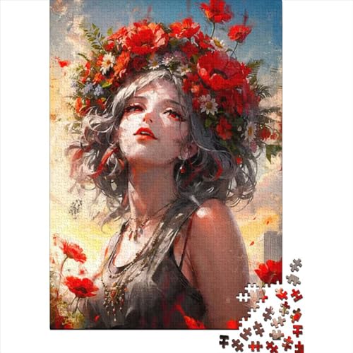 Frauenkranz aus Blumen Puzzle für Erwachsene und Teenager Kunstpuzzle für Erwachsene 1000 Teile Holzpuzzle für Erwachsene und Teenager (Größe 29,53 x 19,69 Zoll)