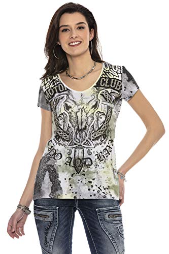 Cipo & Baxx Damen T-Shirt Lässig Allover Print V-Ausschnitt Print Biker Design Shirt WT301 Gelb S