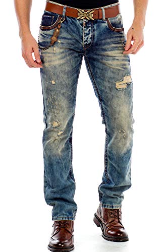 Cipo & Baxx Herren Destroyed Used Frayed Straight Fit Jeans Hose mit Farbige Stickerei Blau W34 L32