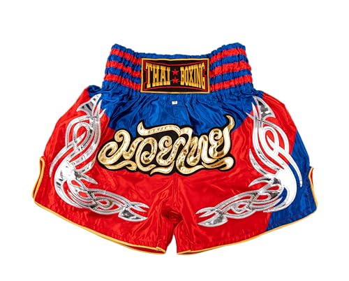 MUAY NATION Muay Thai Shorts für Männer Frauen Slim Cut MMA Boxshorts Training Kickbox-Kleidung Kampfsport-Shorts (DE/NL/SE/PL, Alphanumerisch, M, Regular, Regular, PRM Rot/Blau)