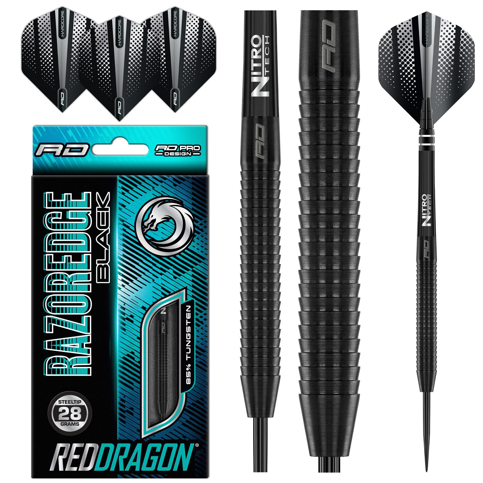 RED DRAGON Razor Edge Black Dartpfeile Tungsten Profi Steel Darts mit Flights und Schäfte (22, Gramm)