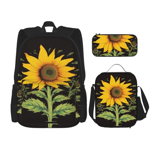 DENMER Mehrzweck-Schultasche mit Holzmaserung und passendem Federmäppchen und Lunchtasche - Ihre stilvolle All-in-One-Lösung, Unkraut mit Sonnenblume, Einheitsgröße