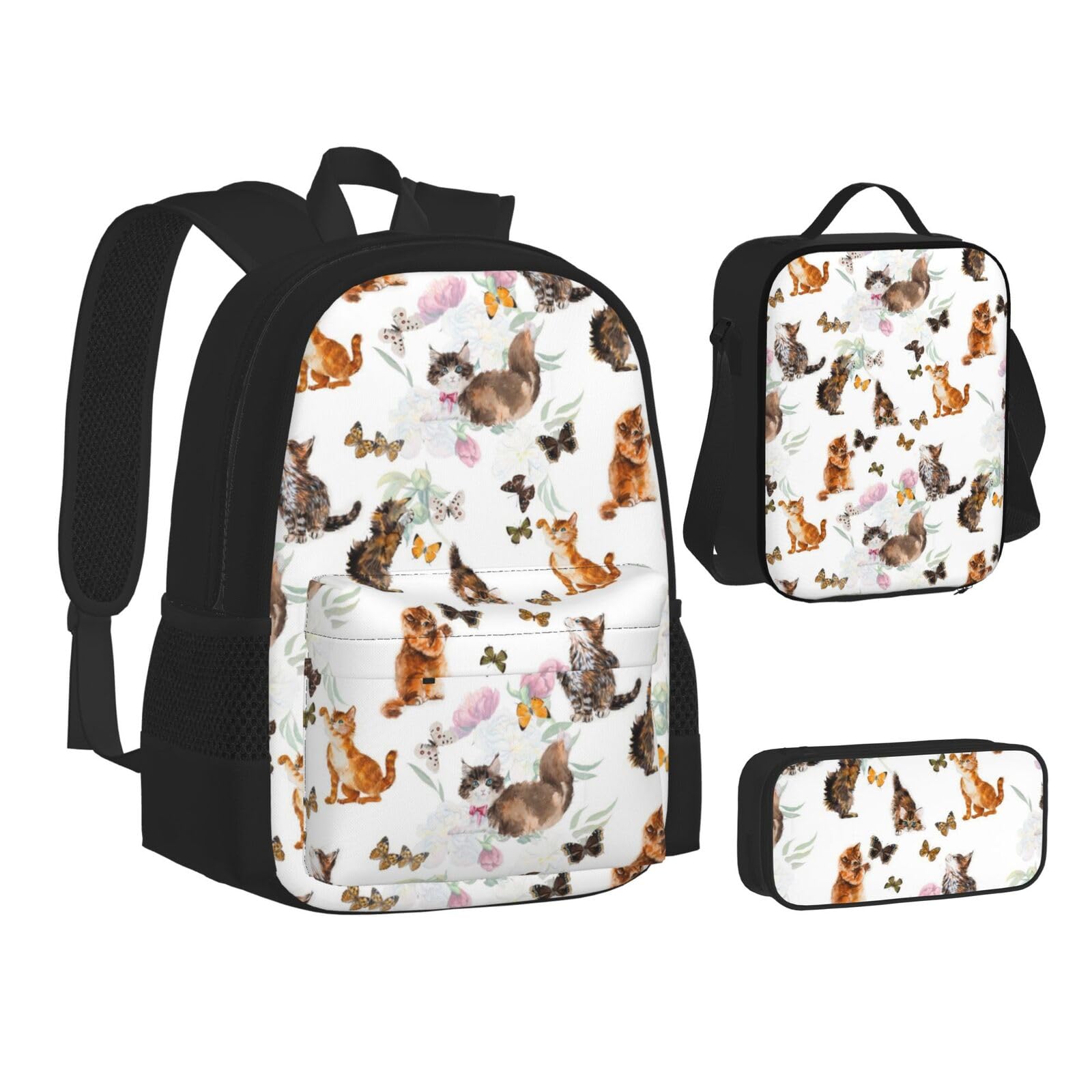 WURTON 3-in-1 Rucksack mit Katzen- und Schmetterlings-Motiv, 3-in-1 (Federmäppchen + Schultasche + Lunchtasche)