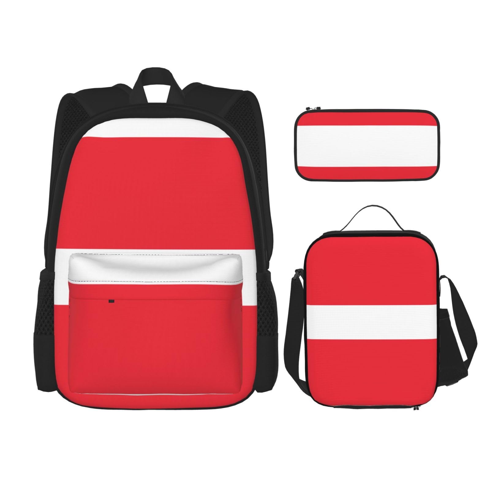 WURTON 3-in-1-Set mit österreichischer Flagge, lässiger verstellbarer Schulter-Rucksack, Lunch-Tasche, Federmäppchen, Beutel, Schwarz, Einheitsgröße