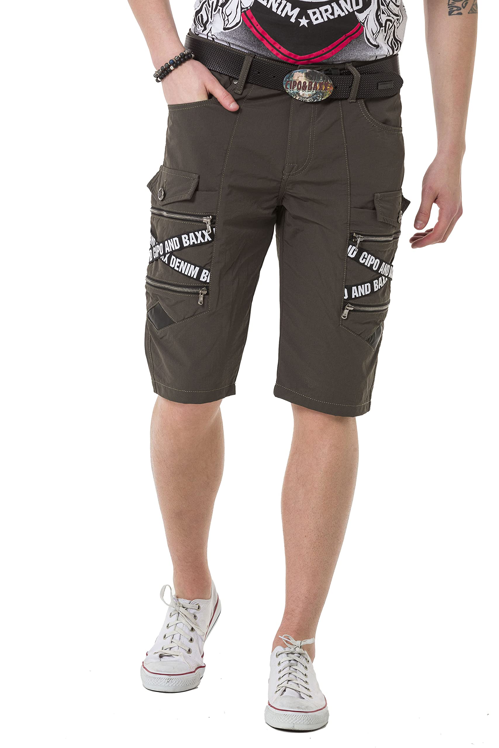 Cipo & Baxx Herren Cargo Shorts Denim Jeans Bermuda Kurzehose Capri Markenschriftzüge CK253 Khaki W32