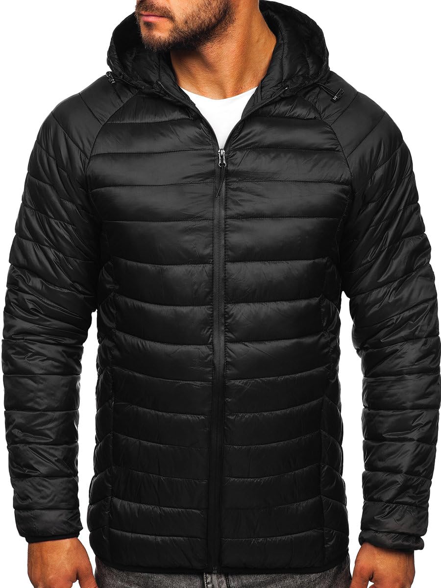 BOLF Herren Übergangsjacke Steppjacke mit Kapuze Daunenjacke Reißverschluss Sportjacke Zip Wärme Freizeit Outdoor Basic Casual Style 58M13021 Schwarz M [4D4]