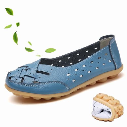 WINDEHAO Orthopädische Loafer aus atmungsaktivem Leder, geschlossene Zehensandalen für Damen, Rindsleder, Loafer, lässige Mokassins, Fahrschuhe, Blau, Größe 40 EU