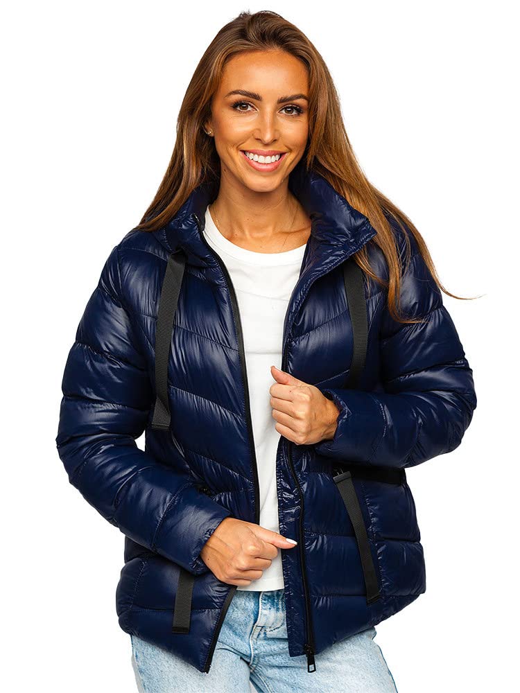 BOLF Damen Winterjacke Steppjacke mit Kapuze Daunenjacke Reißverschluss Sportjacke Zip Wärme Freizeit Outdoor Basic Casual Style 23066 Dunkelblau M [D4D]