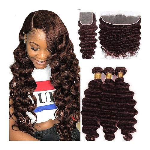 Human Hair Bundles Braune Körperwellen-Menschenhaar-Webart-Bündel mit Verschluss #4 Braune lose tiefe Wellen-Bündel Remy-Haarwebart-Bündel mit Verschluss human hair weave (Size : 5" x 5", Color : 16