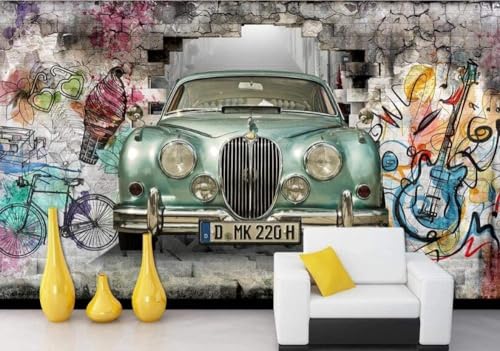 Oldtimer Graffiti Gitarre Fahrrad 3D Tapete Poster Restaurant Schlafzimmer Wohnzimmer Sofa TV Dekorative Wand-200cm×140cm