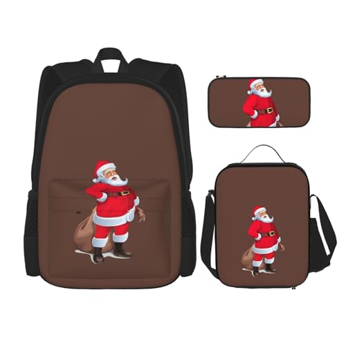 WURTON Rucksack mit niedlichem Weihnachtsmann-Druck, Schultasche mit Lunchtasche, Federmäppchen, Kombination, Schultaschen-Set