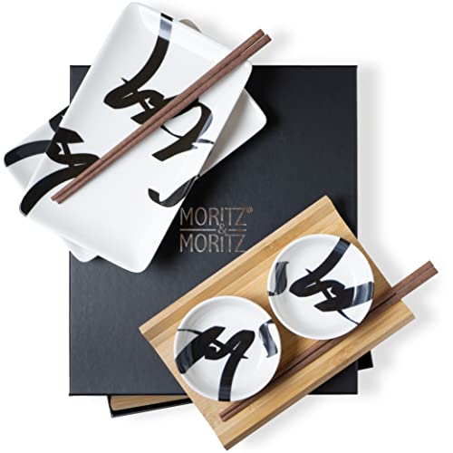 Moritz & Moritz Sushi Geschirr Set für 2 Personen - 10 Teile - Sushi Servierset mit 2x Sushi-Teller, Dip-Schälchen und Stäbchen