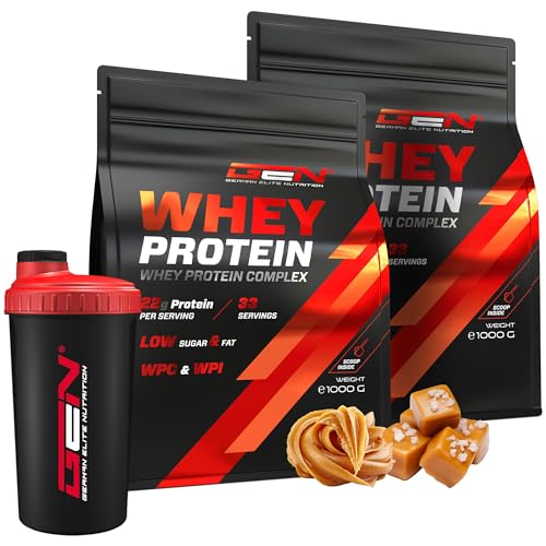 2 kg Whey Protein Komplex + Premium Shaker - Mit Isolate Anteil - Instant lösliches Eiweiss Protein Pulver mit BCAA & EAA - German Elite Nutrition - 2 x 1000 g (Peanut Butter Salted Caramel)