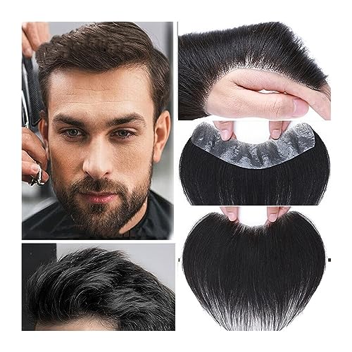 Perücke Männer Haaransatz-Toupet for Herren, Stirn-Frontal-Haarteil, 0,05–0,14 mm, volle PU-Basis, indisches Echthaar #1B, natürliches Schwarz, V-Form, vordere Haarsystem-Einheiten Toupet für Herren(3