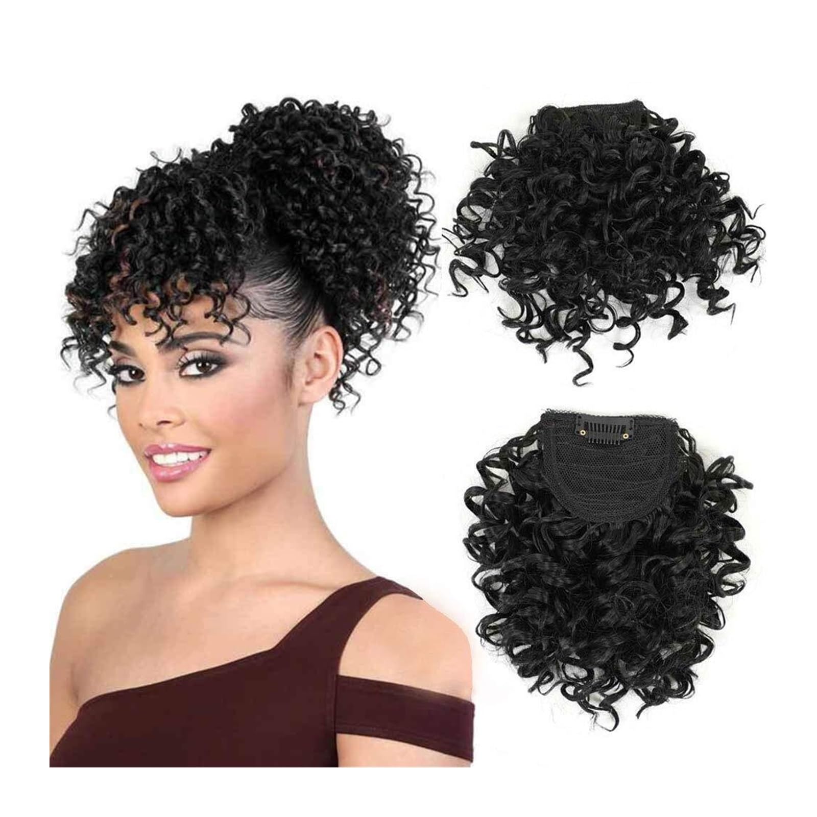 Pony Extension für Damen Perücke, lockiger Pony for schwarze Frauen, kurzer Afro-Kinky-Curly-Pony, Clip-in-Pony for den täglichen Gebrauch Fringe Bangs(197-1B)