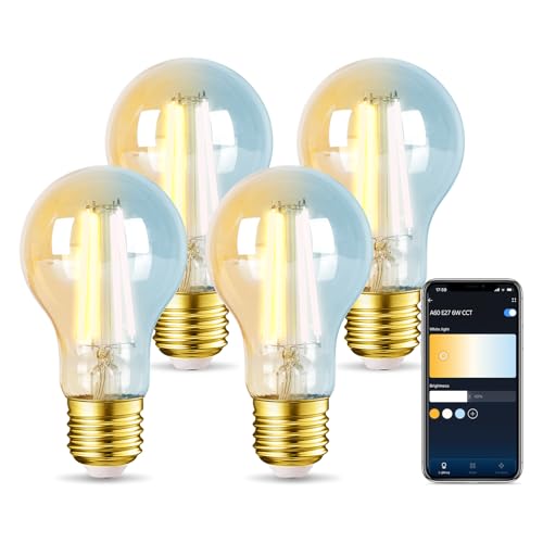 Aigostar Alexa Glühbirne E27 Edison Vintage Glühbirnen 6W Dimmbare Retroglühbirnen A60 Smart Lampe Wlan Dimmbar 2700K-6500K, App Steuern Kompatibel mit Alexa und Google Assistant. Bernstein 4 Stücke.