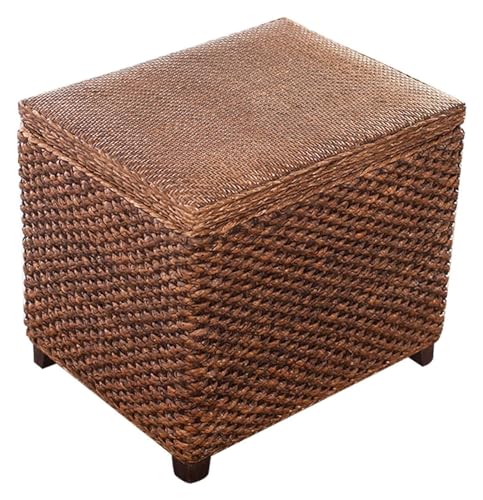 RAABYU Fußstützenhocker, Massivholz-Aufbewahrungshocker, Retro-Rattan-Fußhocker, Pouf, Hocker, Aufbewahrung für Schlafzimmer, Wohnzimmer, gepolsterter Sitz