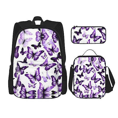 WURTON Lunchbox, Federmäppchen, Rucksack-Set, 3-teilig, verstellbare Riemen, langlebig, leicht, Weiß / Lila, Schwarz, One Size