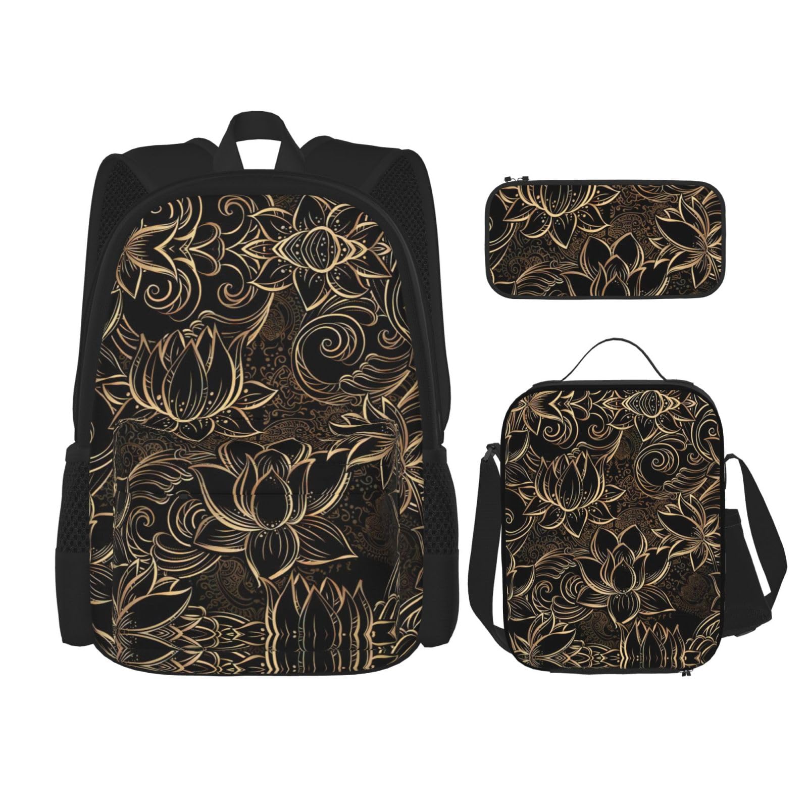 WURTON Boho Gold Lotus Blumen Print Schulrucksack 3 in 1 Büchertasche Set mit Lunchbox Federmäppchen Reise Laptop Daypacks