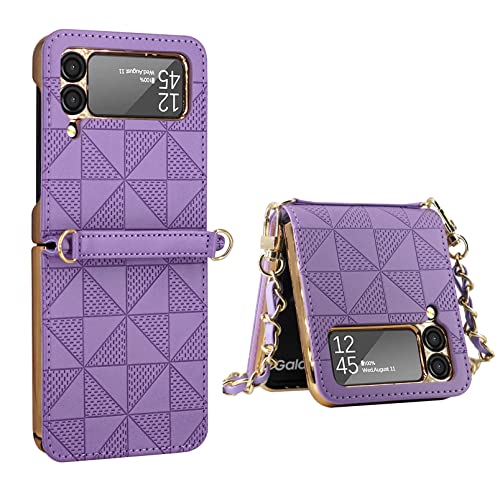 Hülle für Galaxy Z Flip 3 5G,Ultradünne Stoßfeste Leder-Handyhülle mit Schultergurt kompatibel mit Samsung Galaxy Z Flip 3 5G,Violett