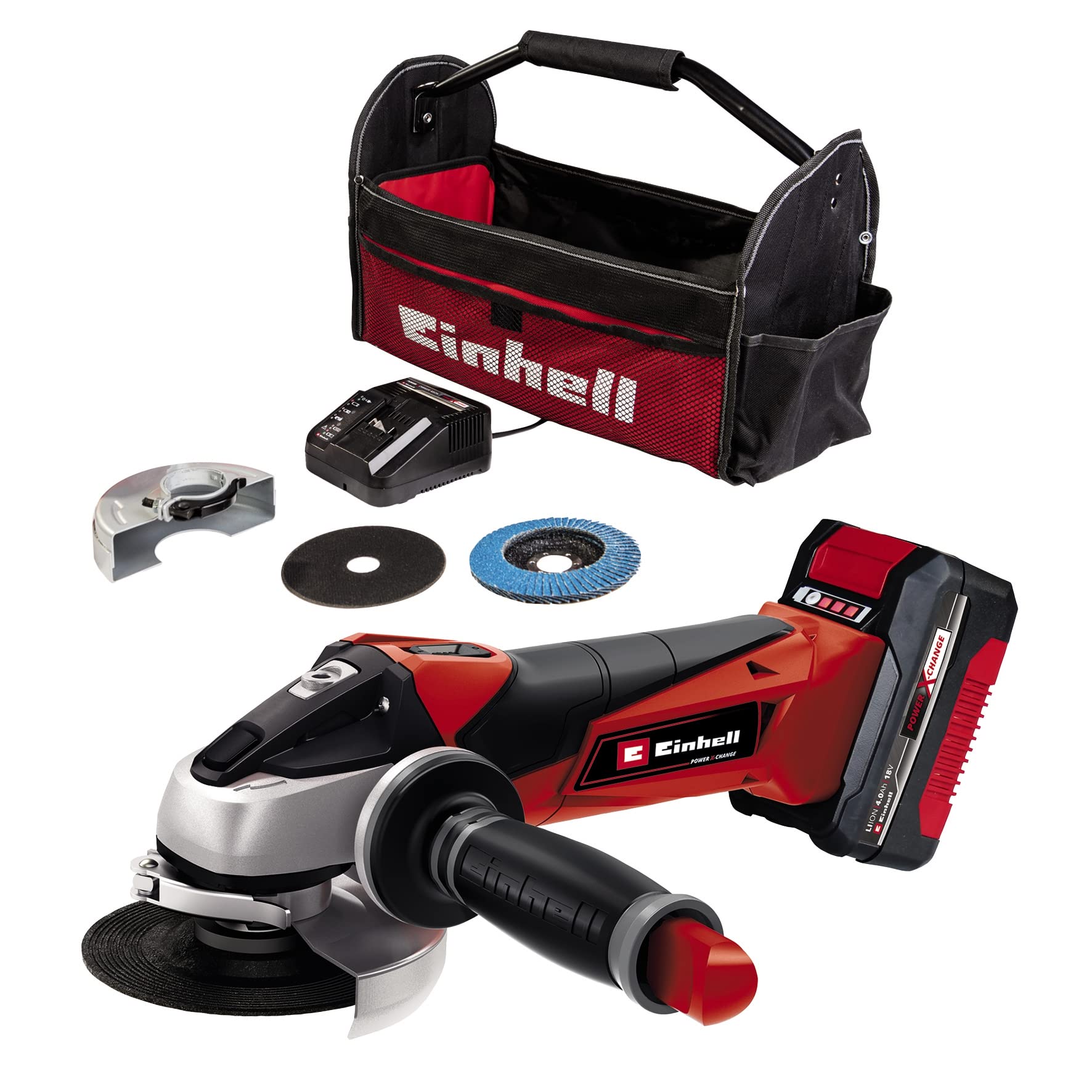 Einhell Akku-Winkelschleifer TE-AG 18/115 Li Kit Power X-Change (18 V, 115 mm Scheibendurchmesser, 28 mm Schnitttiefe, inkl. Trennscheibe, Schleifscheibe, 4,0 Ah Akku, Ladegerät), Rot/Schwarz