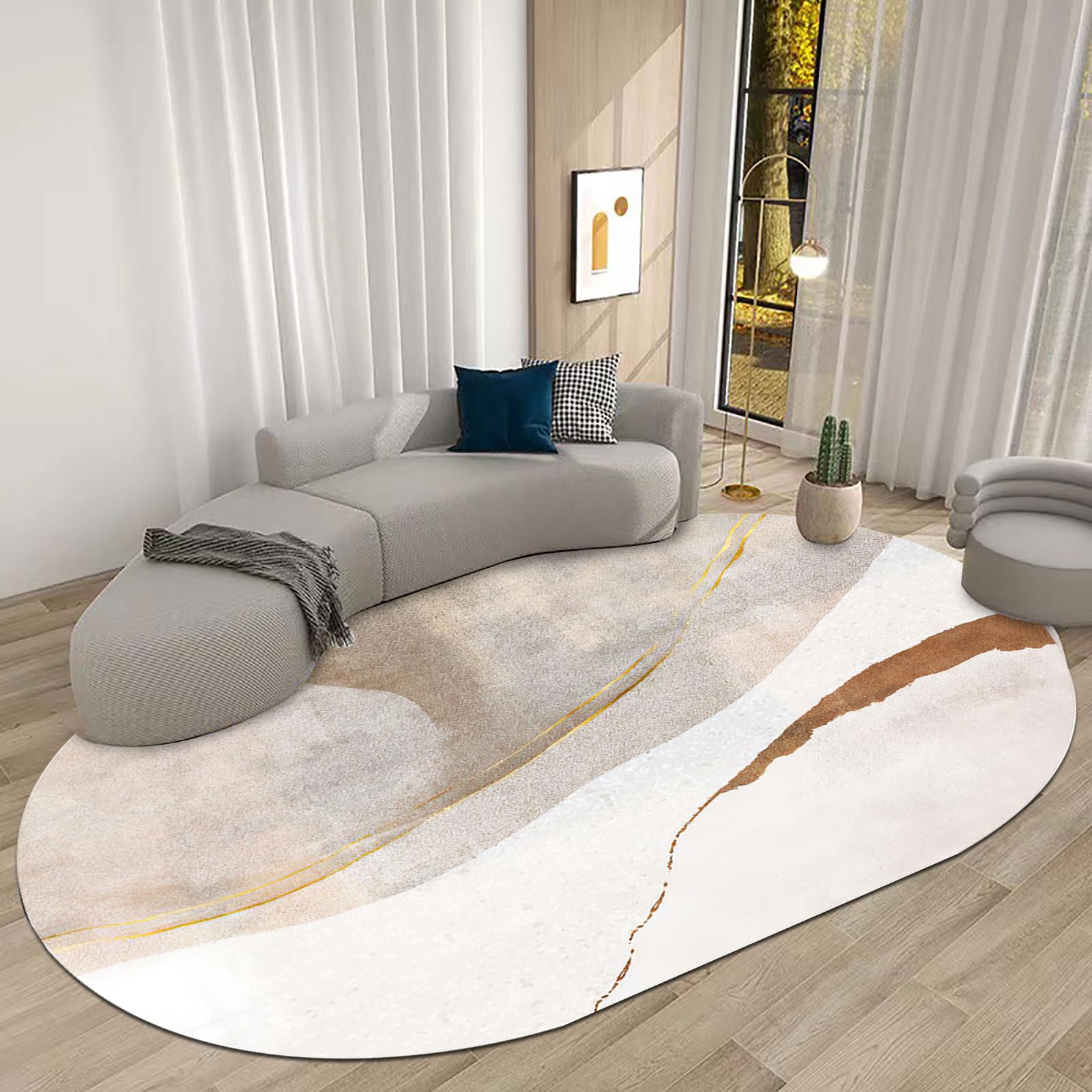 Jwujnxaq Teppich Groß Oval Wohnzimmer Deko Modern Design rutschfest Kurzflor Waschbarer Teppich Schlafzimmer Balkon Hellgrau Braun Gelb Linien Abstrakt, 130 x 180 cm