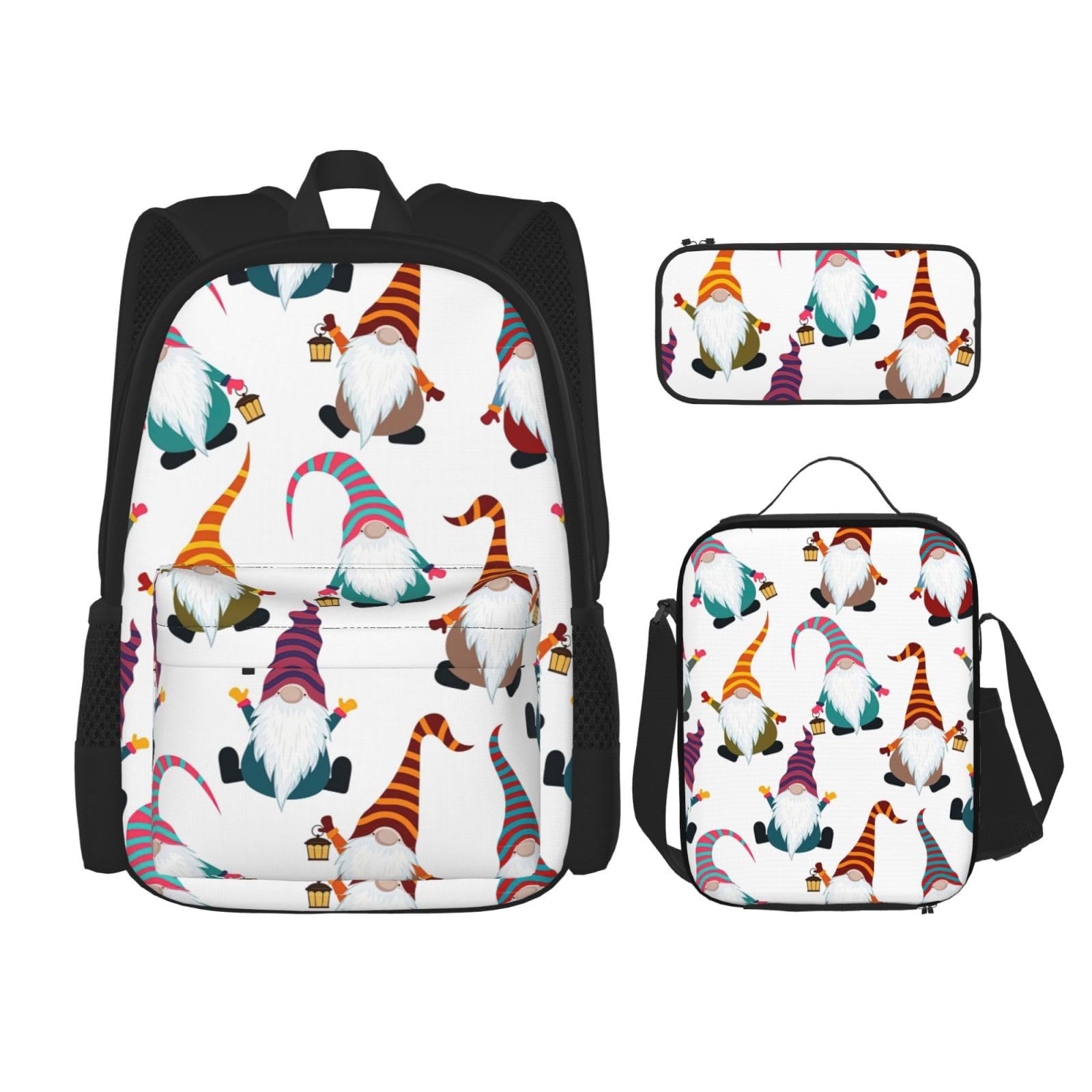 WURTON Weihnachts-Lunchbox mit lustigem Zwergen-Druck, Reise-Lunchbox, Federmäppchen, Rucksack-Set, 3-teilig, verstellbare Riemen, leicht, Schwarz, Einheitsgröße