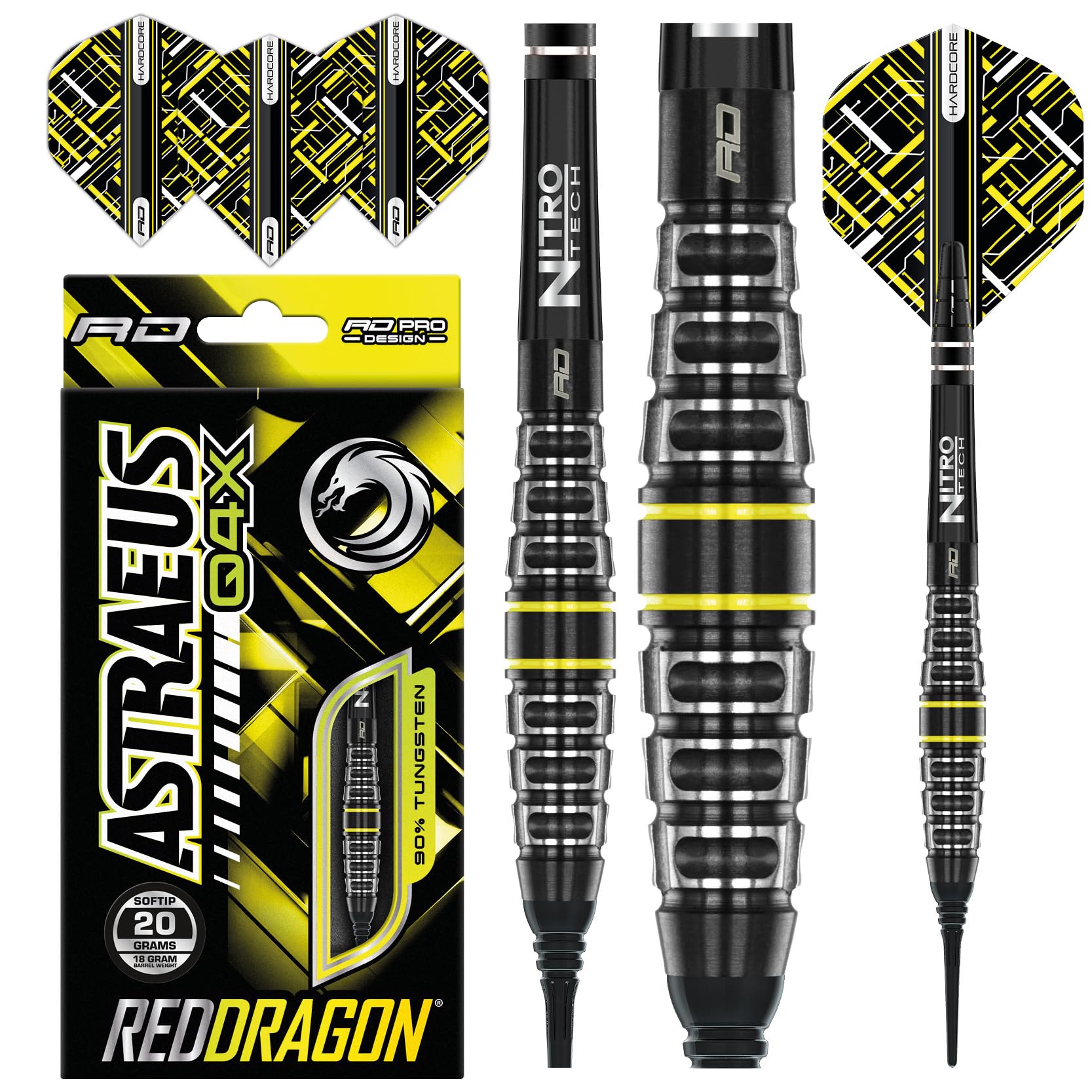 RED DRAGON Astraeus Q4X Torpedo 20 Gramm Premium Wolfram Softip Dart Set mit Flights und Schäften