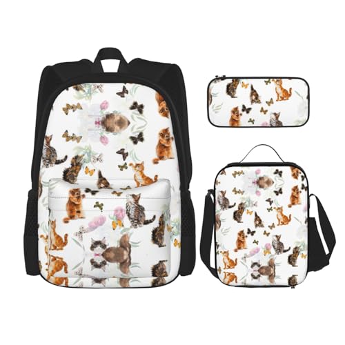 WURTON Schulrucksack-Set mit niedlichem Kätzchen-Schmetterlings-Aufdruck, 3-in-1-Büchertaschen-Set mit Lunchbox, Federmäppchen, Reise-Laptop-Tagesrucksäcke