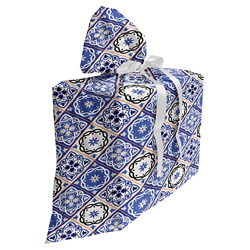 ABAKUHAUS marokkanisch Baby Shower Geschänksverpackung aus Stoff, Geometrische Azulejo Entwurf, 3x Bändern Wiederbenutzbar, 70 x 80 cm, Violet Blue Schwarz Creme