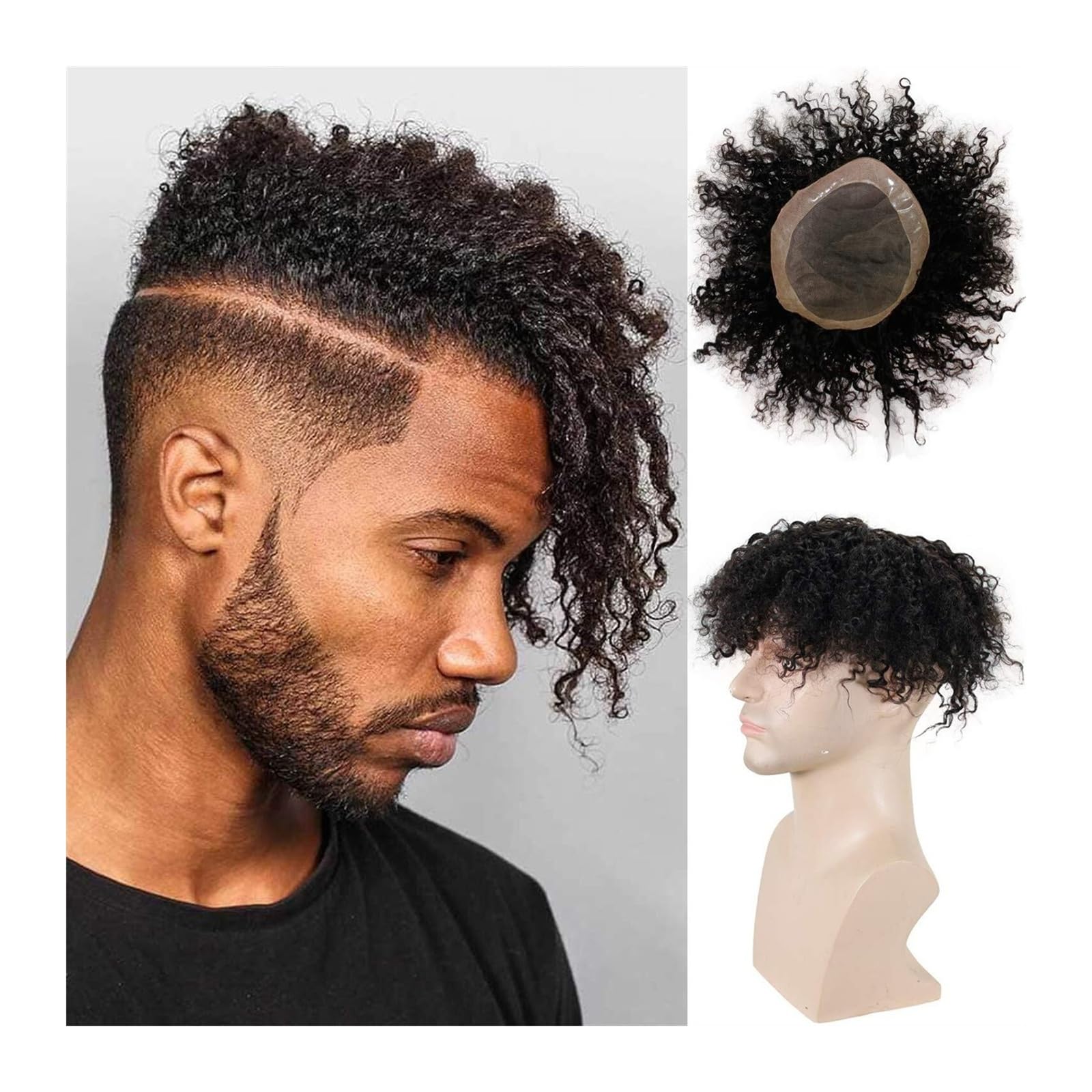 Toupet für Männer Haarersatz Systeme Verworrenes lockiges Toupet for schwarze Männer, Remy-Echthaar-Ersatzsystem, Mono-Spitze mit PU um 1B#, aus schwarzem, atmungsaktivem Afro-Curl-Haarteil for Männer