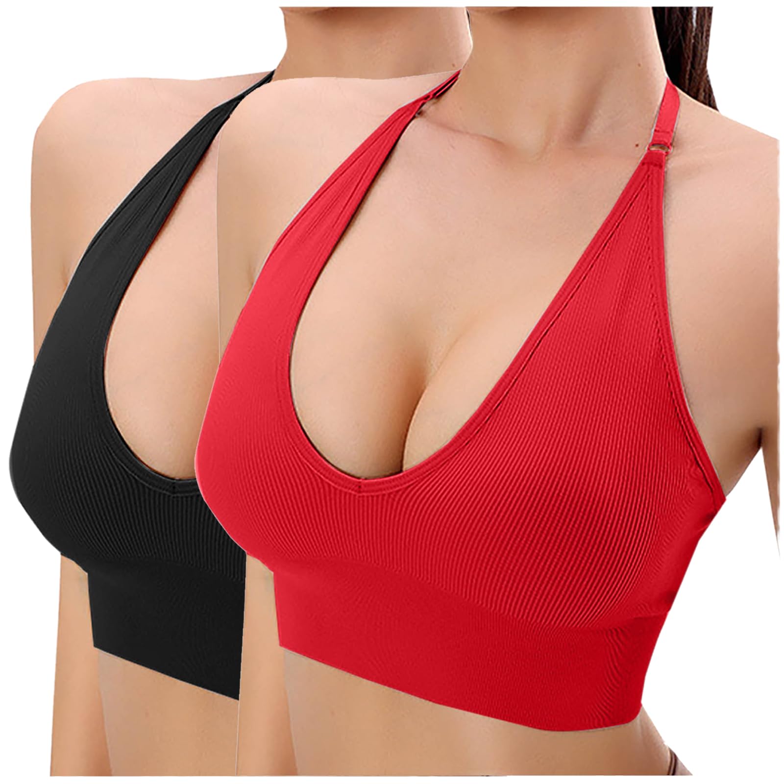 Sport BH Damen Große Brüste Push Up Ohne Bügel Kreuz Rücken Rückenfrei Gepolstert Mittlere Unterstützung Crop Top für Yoga Tanz Laufen Radfahren 2er Pack