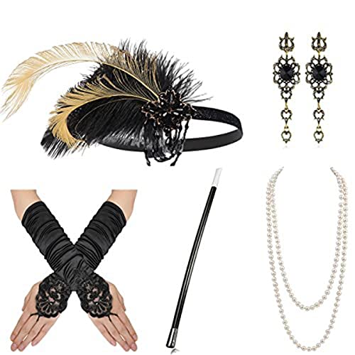 LEJIAJU Flapper-Zubehör für Damen, Party-Kostüm, Stirnband, Halskette, Ohrringe, Handschuhe, Halter für Cocktail-Party, Abschlussball