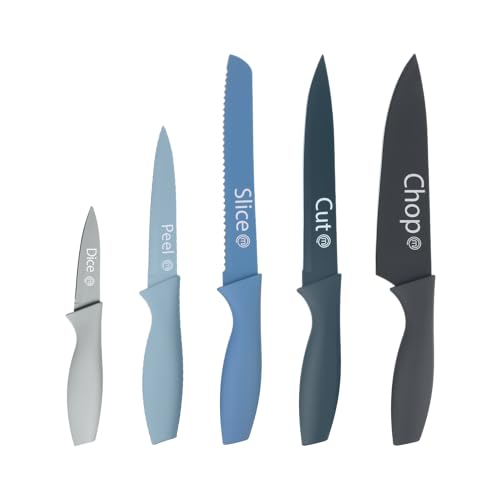 MasterChef Messerset, Küchenmesser Set ink. Kochmesser, Gemüsemesser, Schälmesser, Schneidemesser & Brotmesser, Scharfe Messer Edelstahl, Antihaftbeschichtete, Soft-Touch-Griffe, 5-teilig, Blau