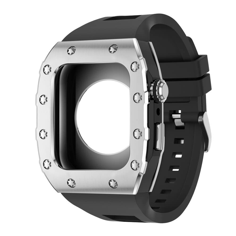 KANUZ 44 mm 45 mm Modifikationsset für iWatch Serie 7, 6, 5, 4 SE, Metallgehäuse, Silikonband für Apple Watch, Gummiband, Stoßfängerabdeckung (Farbe: S-BB-B, Größe: 44 mm)