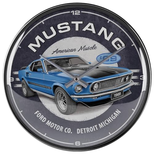 Nostalgic-Art Retro Wanduhr, Ø 31 cm, Ford Mustang – 1969 Mach 1 Blue – Geschenk-Idee für Ford-Zubehör Fans, Große Küchenuhr, Vintage Design