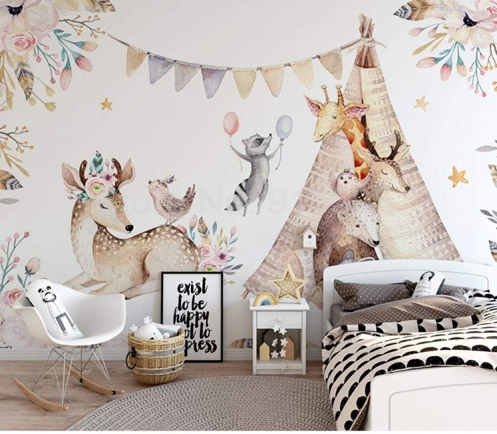 Cartoon Tiere Elch Giraffe 3D Tapete Poster Restaurant Schlafzimmer Wohnzimmer Sofa TV Dekorative Wand-250cm×170cm