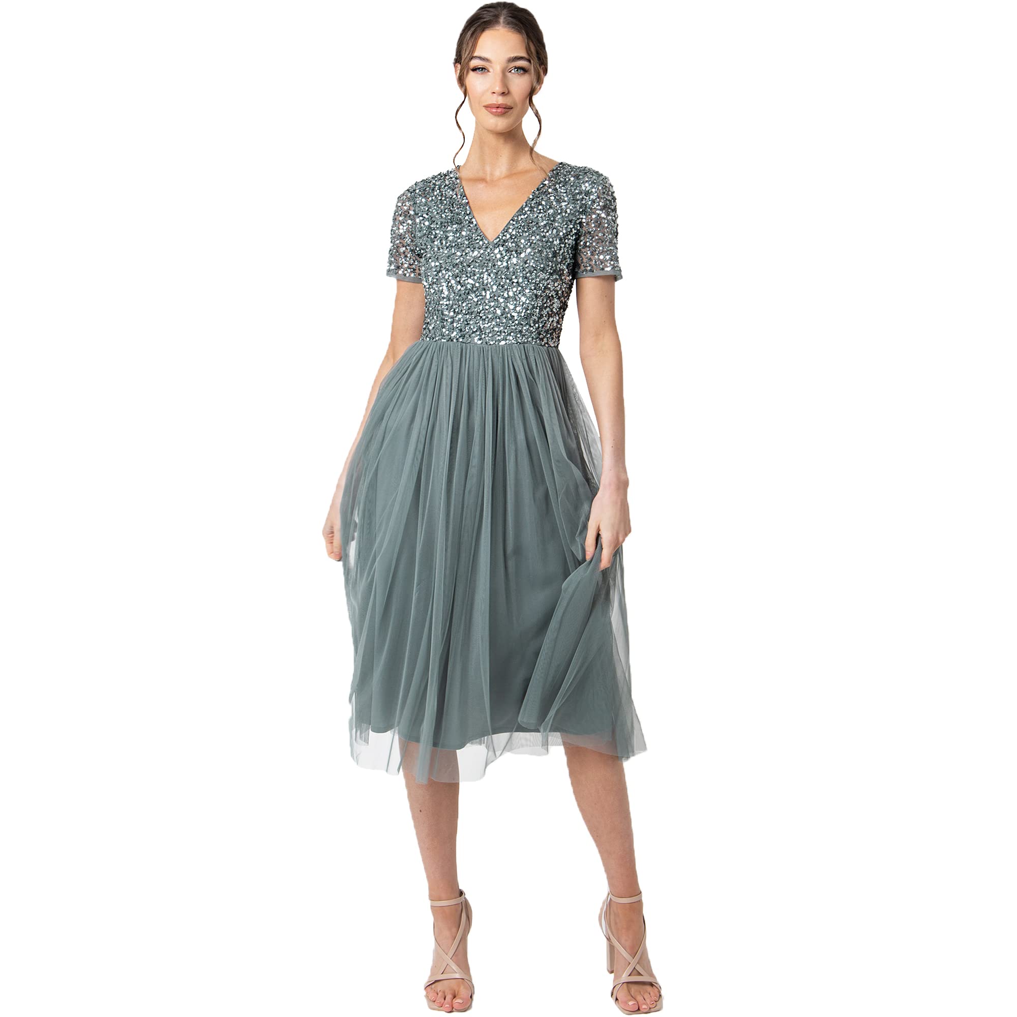 Maya Deluxe Damen Midi-Kleid mit V-Ausschnitt, Verziert Brautjungfernkleid, Grün (Misty Green), 48