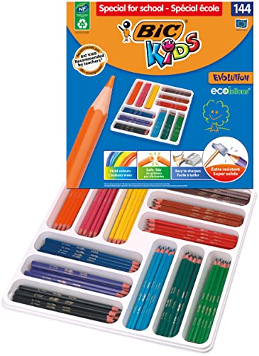 BIC Kids ECOlutions Evolution Buntstifte Set für Kinder ab 5 Jahren - Farbstifte ohne Holz, mit bruchsicherer Mine - 12 Farben in Großpackung à 144 Stück